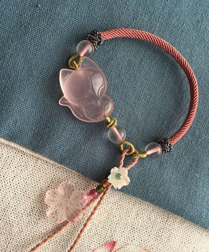 Bonita pulsera con dije de zorro de piedra Furong de cristal rosa tejida a mano