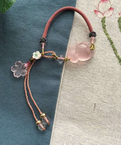Bonita pulsera con dije de zorro de piedra Furong de cristal rosa tejida a mano