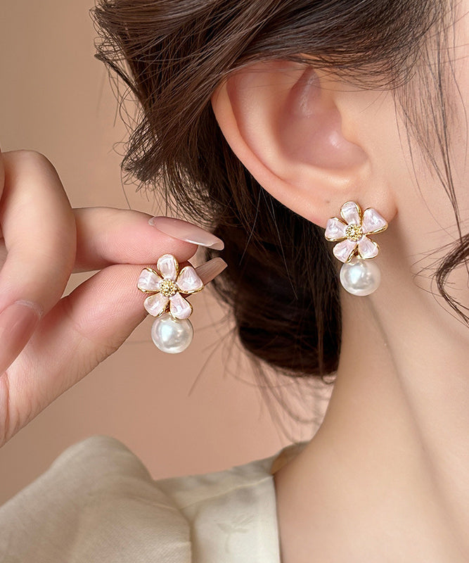 Lindos aretes de botón con esmalte floral y perlas de aleación de metal rosa