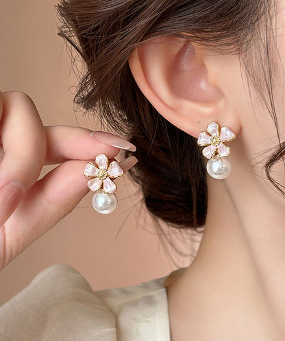 Lindos aretes de botón con esmalte floral y perlas de aleación de metal rosa