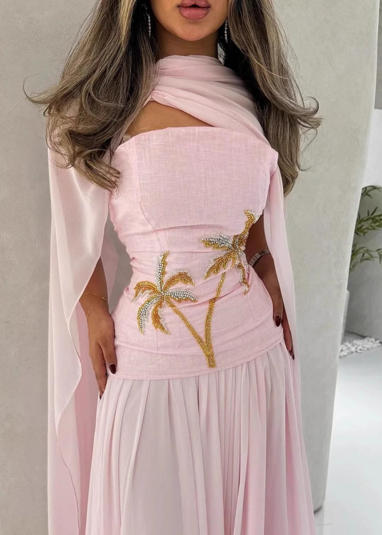 Cute Pink Nail Bead Shawl Long Dress Batwin Sleeve