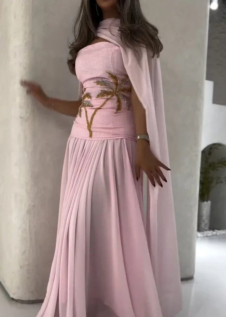 Cute Pink Nail Bead Shawl Long Dress Batwin Sleeve