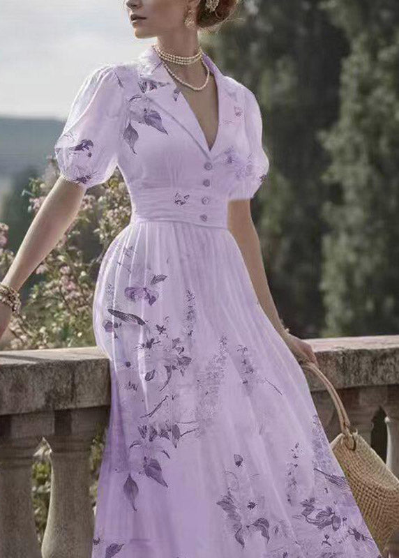 Cute Pink Notched Print Tunic Long Dress Lantern Sleeve