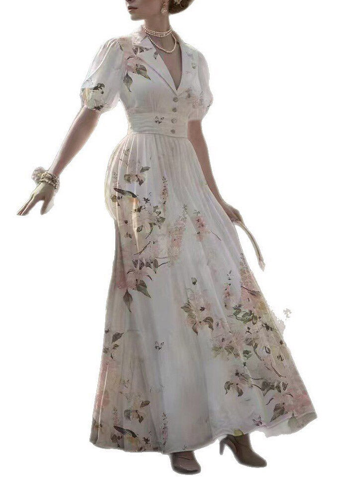 Cute Pink Notched Print Tunic Long Dress Lantern Sleeve