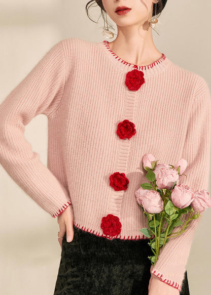 Niedliche rosa Rundhals-Strickjacken aus Baumwolle mit Blumenmuster und Knöpfen, Frühlingsform