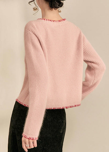 Niedliche rosa Rundhals-Strickjacken aus Baumwolle mit Blumenmuster und Knöpfen, Frühlingsform