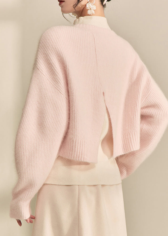 Suéter corto de punto de algodón con cuentas y cuello redondo rosa, bonito, para primavera