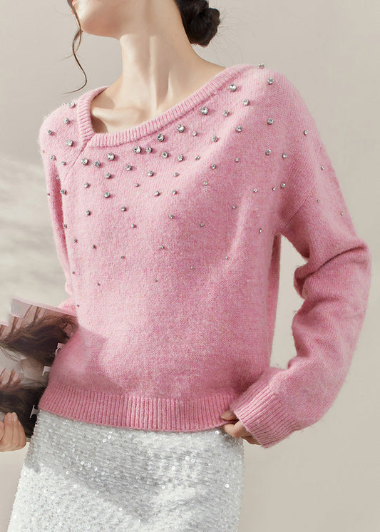 Suéter de punto de algodón acogedor con cuentas y cuello redondo en color rosa para primavera