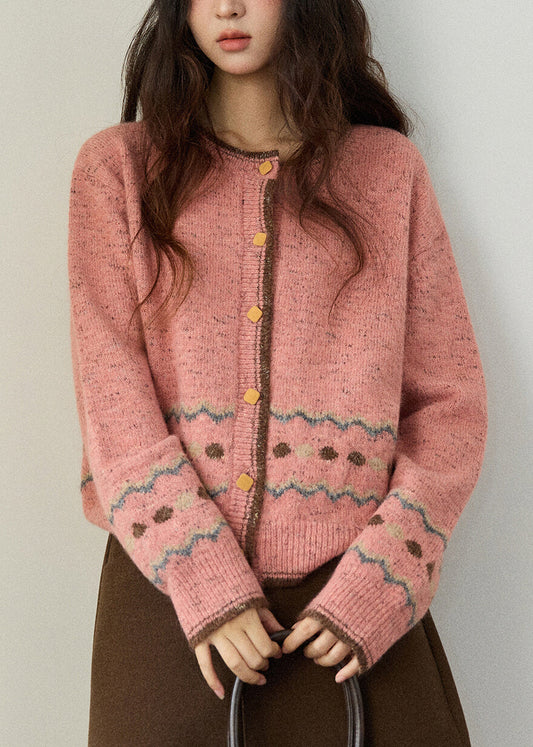 Niedliche rosa Strickjacke mit Rundhalsausschnitt, Print und Knöpfen aus Baumwolle, Frühlings-Cardigan