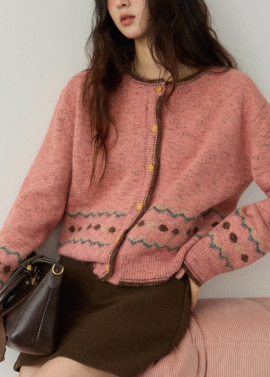 Niedliche rosa Strickjacke mit Rundhalsausschnitt, Print und Knöpfen aus Baumwolle, Frühlings-Cardigan