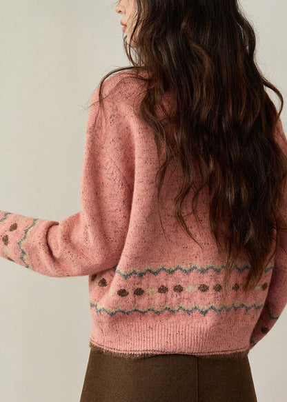 Niedliche rosa Strickjacke mit Rundhalsausschnitt, Print und Knöpfen aus Baumwolle, Frühlings-Cardigan