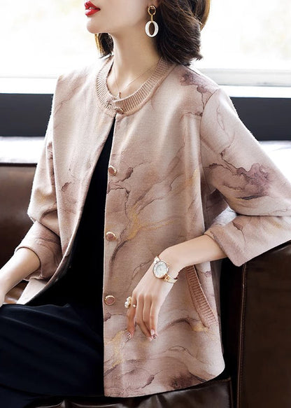 Niedlicher rosa Strickmantel aus Baumwolle mit Rundhalsausschnitt, Print und Knöpfen, Dreiviertelärmel