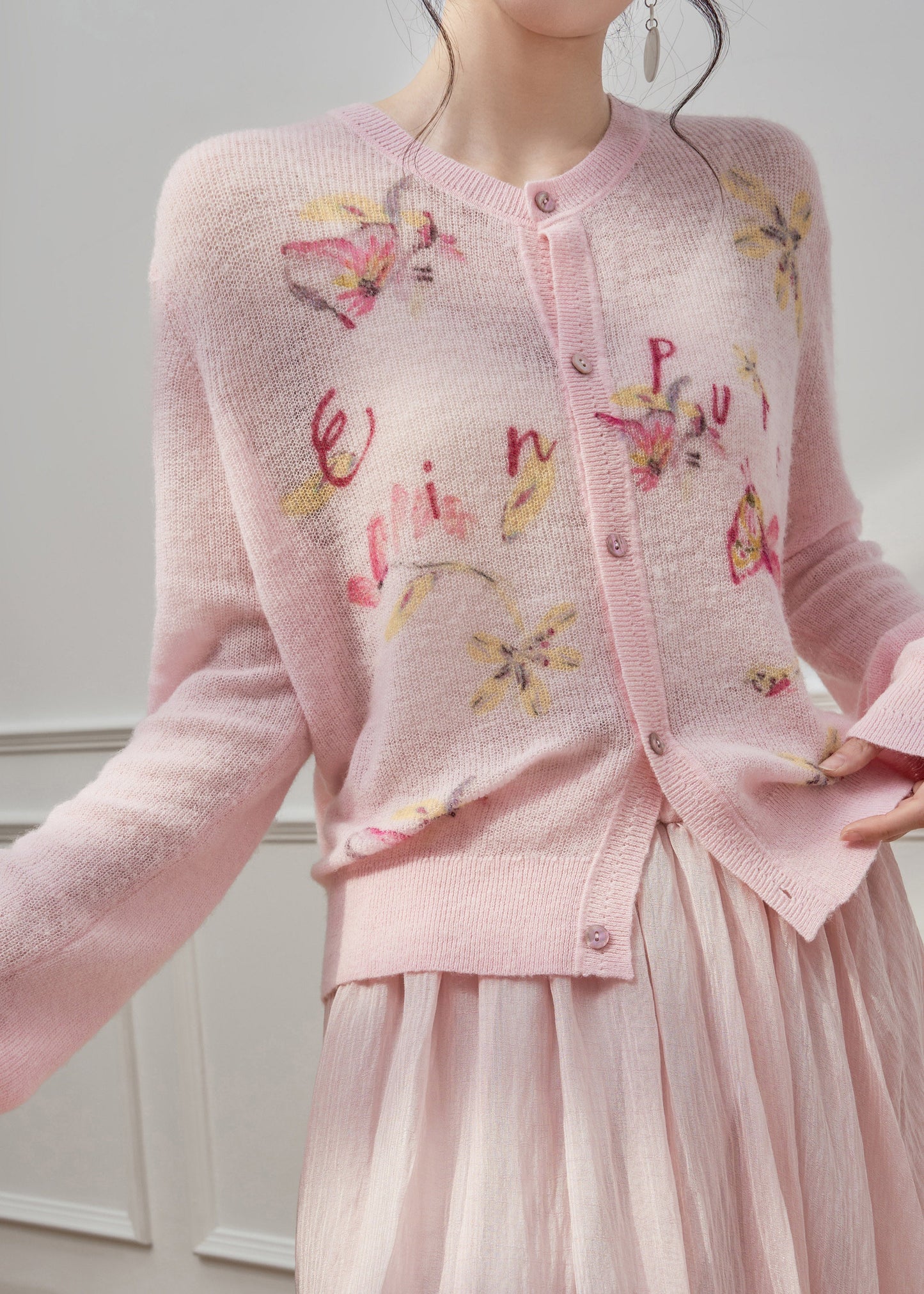 Cute Pink O-Neck Print Button Knit Cardigans Spring