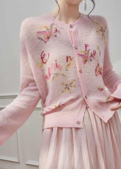 Cute Pink O-Neck Print Button Knit Cardigans Spring