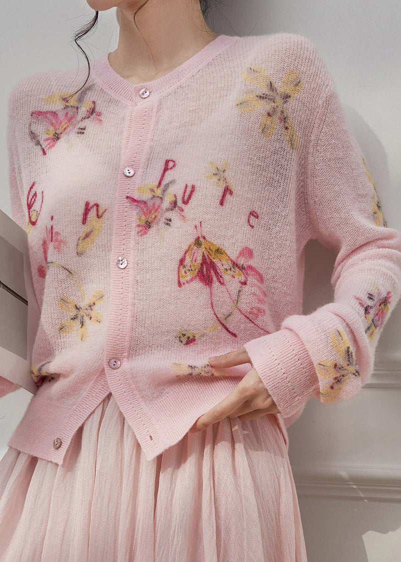 Cute Pink O-Neck Print Button Knit Cardigans Spring