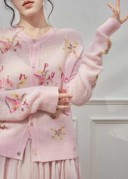 Cute Pink O-Neck Print Button Knit Cardigans Spring