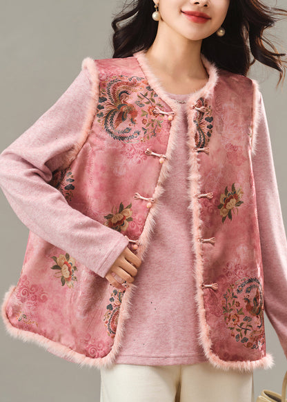 Cute Pink O-Neck Print Patchwork Mink Hair Waistcoat Winter