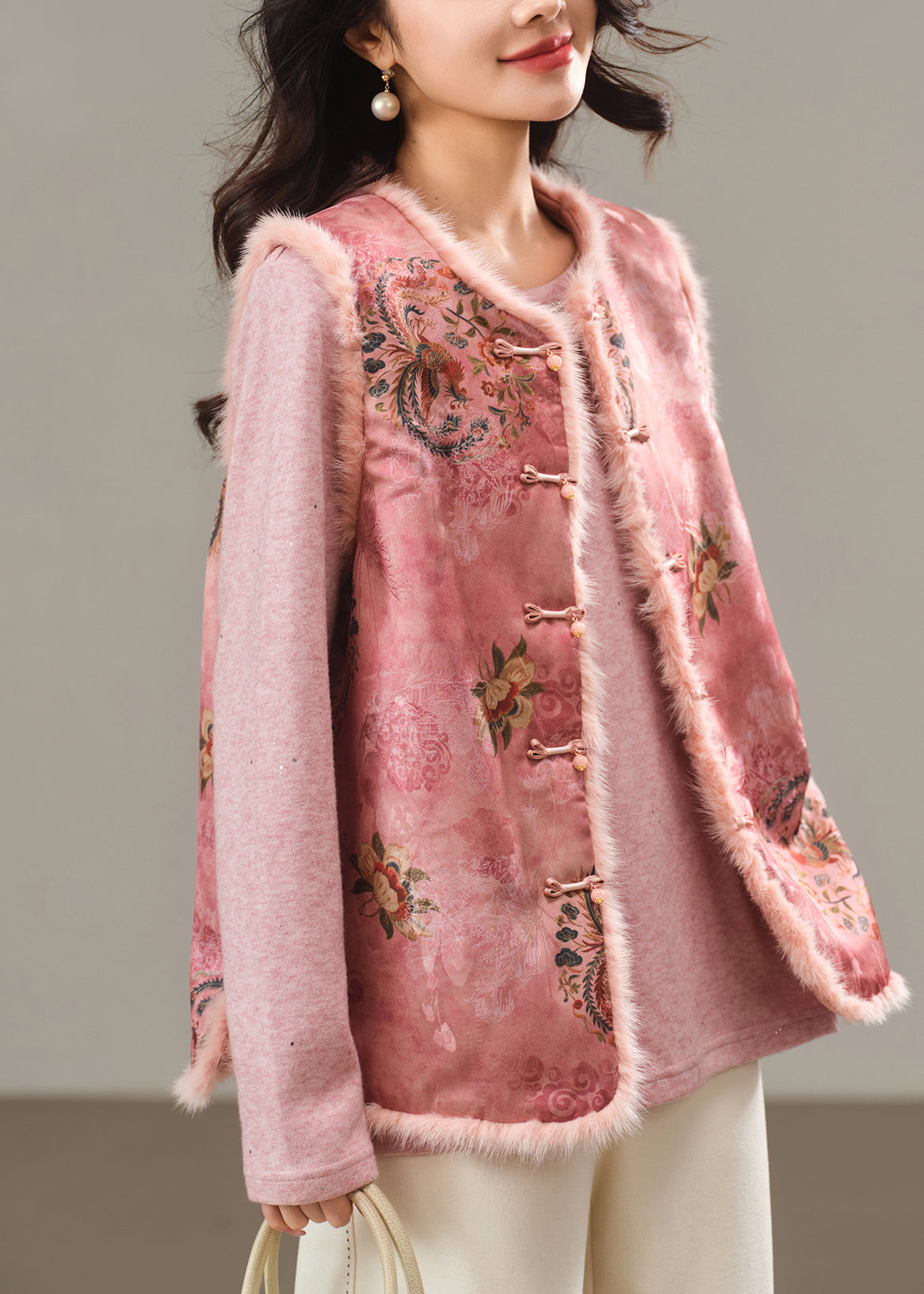 Cute Pink O-Neck Print Patchwork Mink Hair Waistcoat Winter