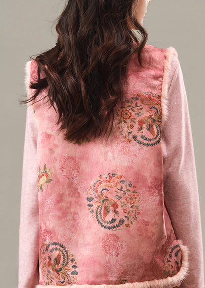 Cute Pink O-Neck Print Patchwork Mink Hair Waistcoat Winter