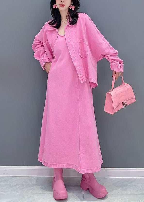 Cute Pink Peter Pan Collar Coats And Long Dresses Two Pieces Set Puff Sleeve