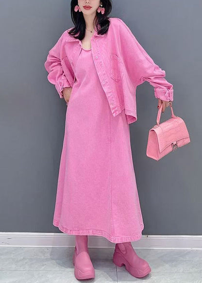 Cute Pink Peter Pan Collar Coats And Long Dresses Two Pieces Set Puff Sleeve