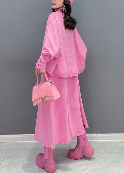 Cute Pink Peter Pan Collar Coats And Long Dresses Two Pieces Set Puff Sleeve