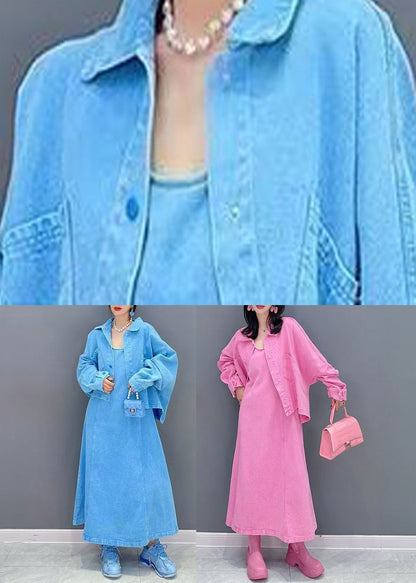 Cute Pink Peter Pan Collar Coats And Long Dresses Two Pieces Set Puff Sleeve