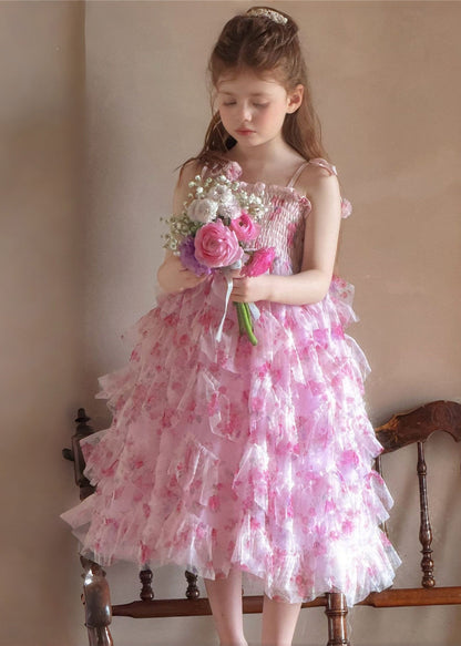 Cute Pink Print Exra Large Hem Tulle Kids Girls Spaghetti Strap Dress Summer