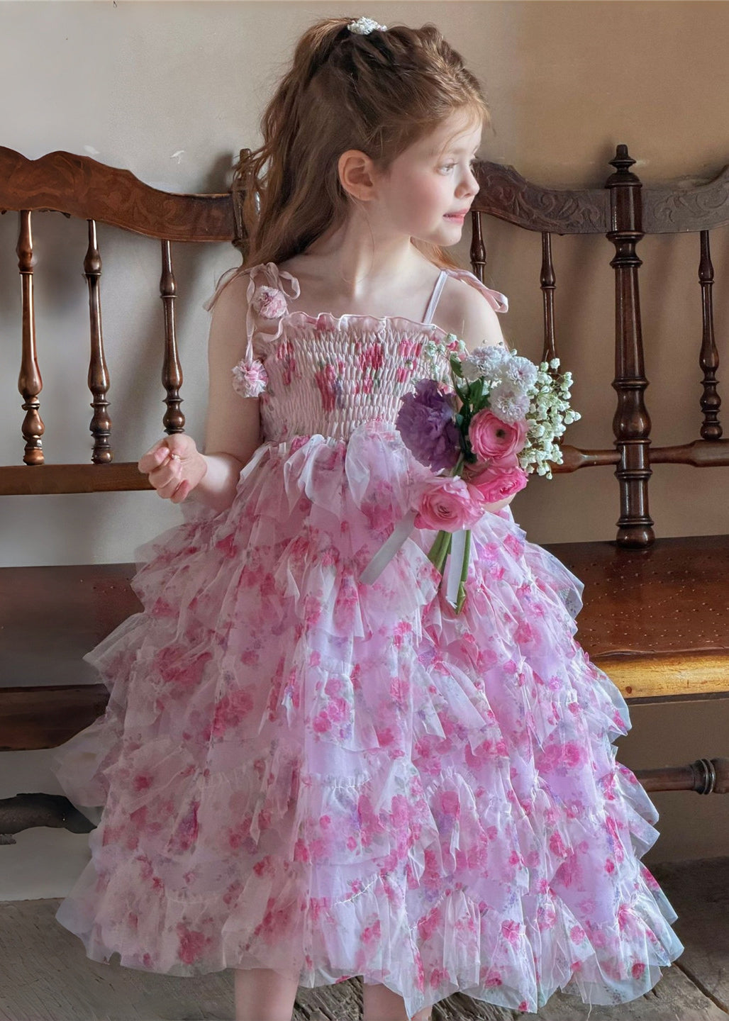 Cute Pink Print Exra Large Hem Tulle Kids Girls Spaghetti Strap Dress Summer