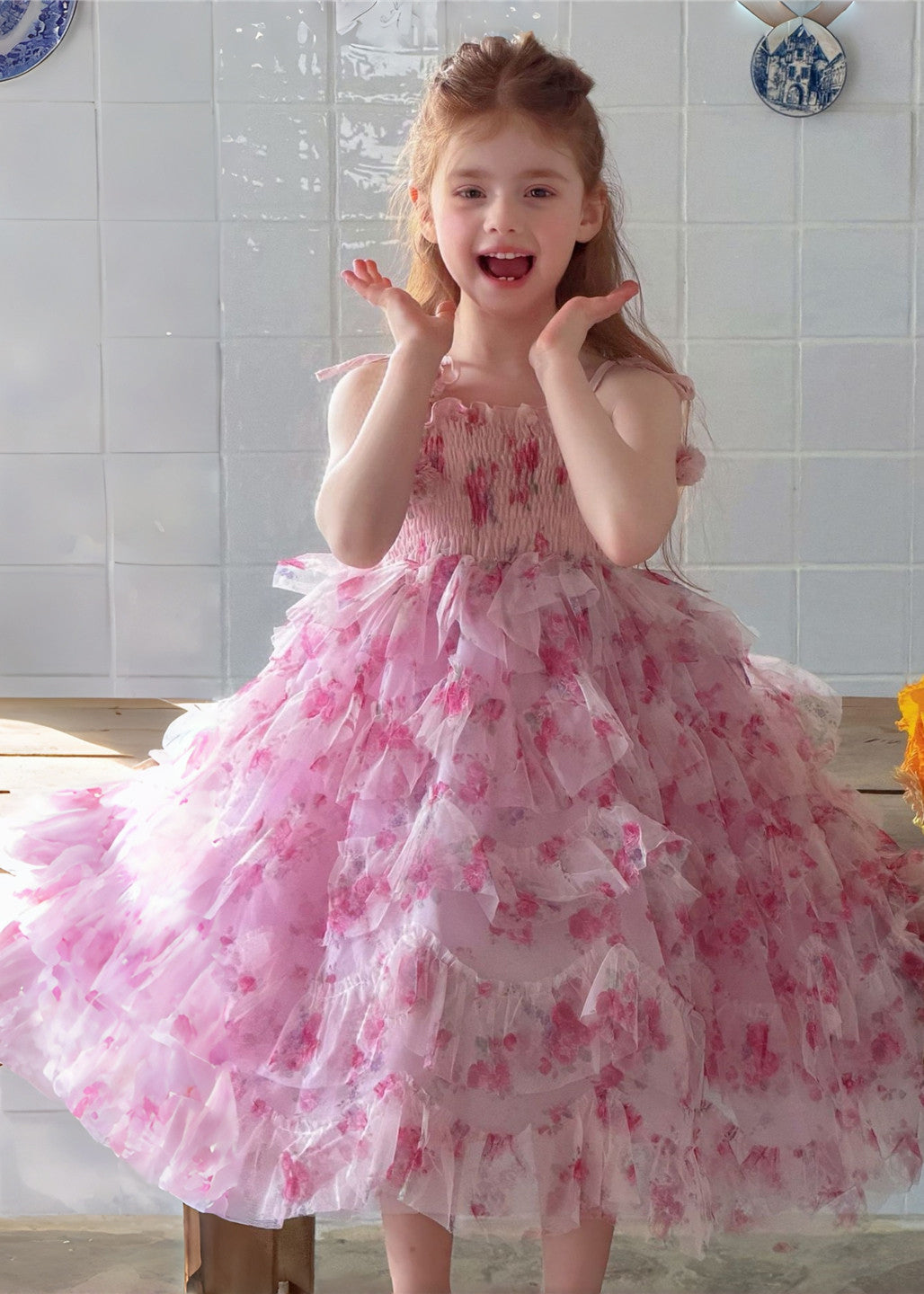 Cute Pink Print Exra Large Hem Tulle Kids Girls Spaghetti Strap Dress Summer