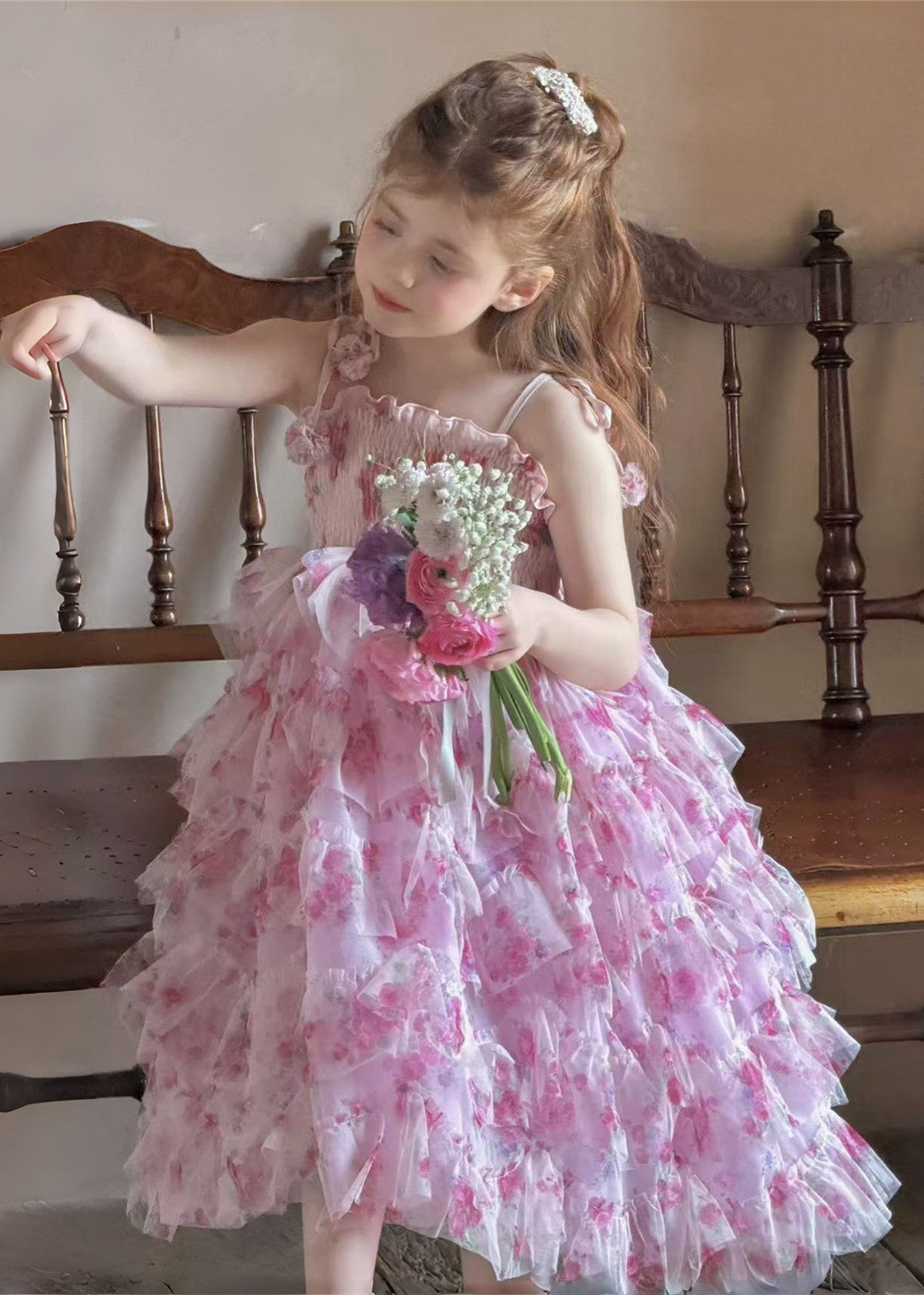Cute Pink Print Exra Large Hem Tulle Kids Girls Spaghetti Strap Dress Summer