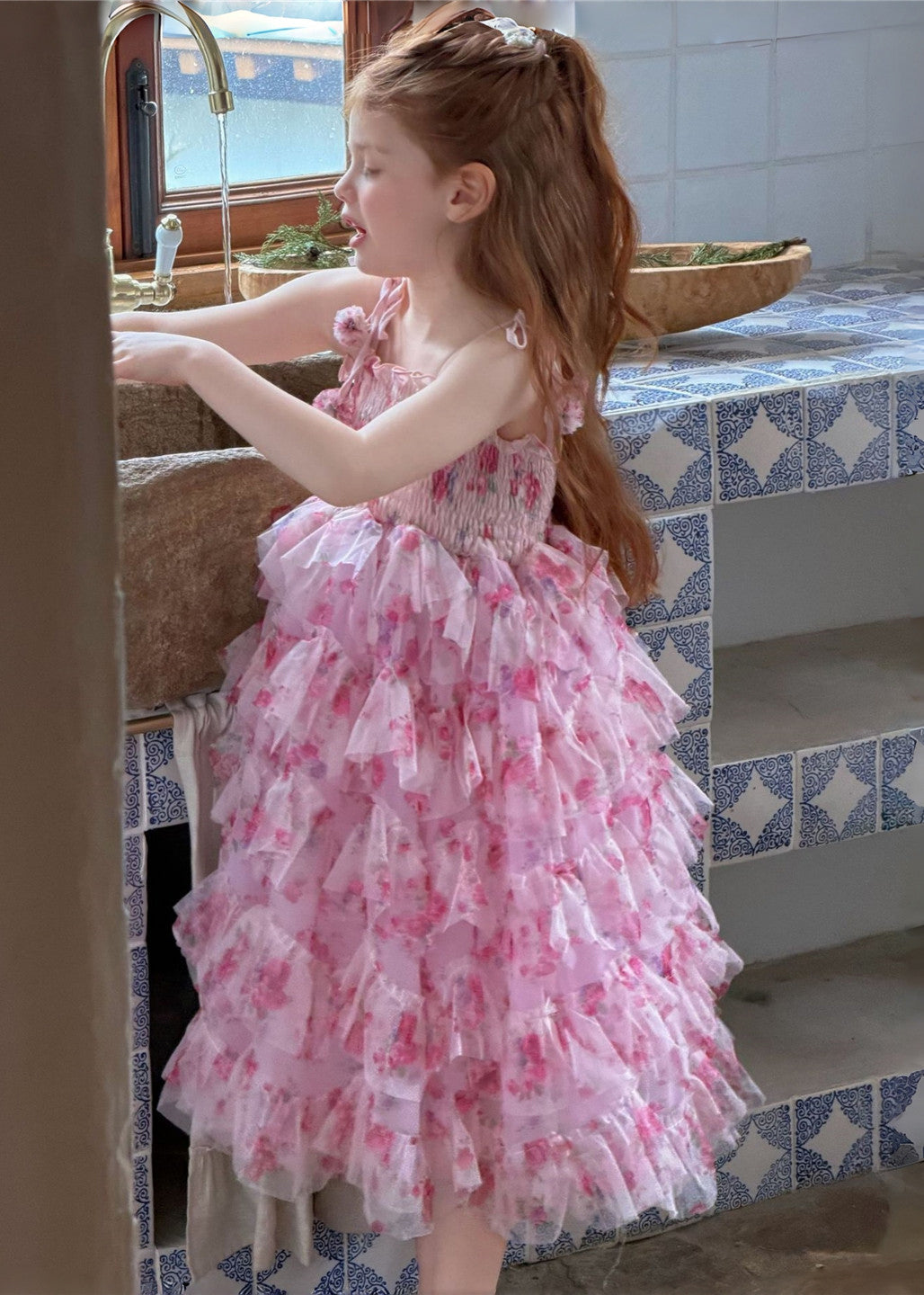 Cute Pink Print Exra Large Hem Tulle Kids Girls Spaghetti Strap Dress Summer