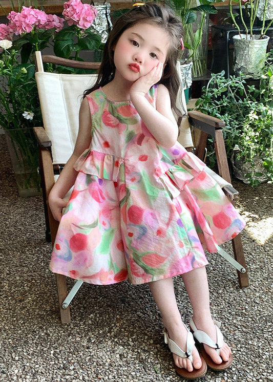 Cute Pink Ruffled Asymmetrical Print Girls Maxi Dresses Sleeveless