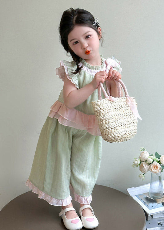Cute Pink Ruffled Bow Patchwork Kids Top And Wide Leg Pants Two Pieces Set Short Sleeve