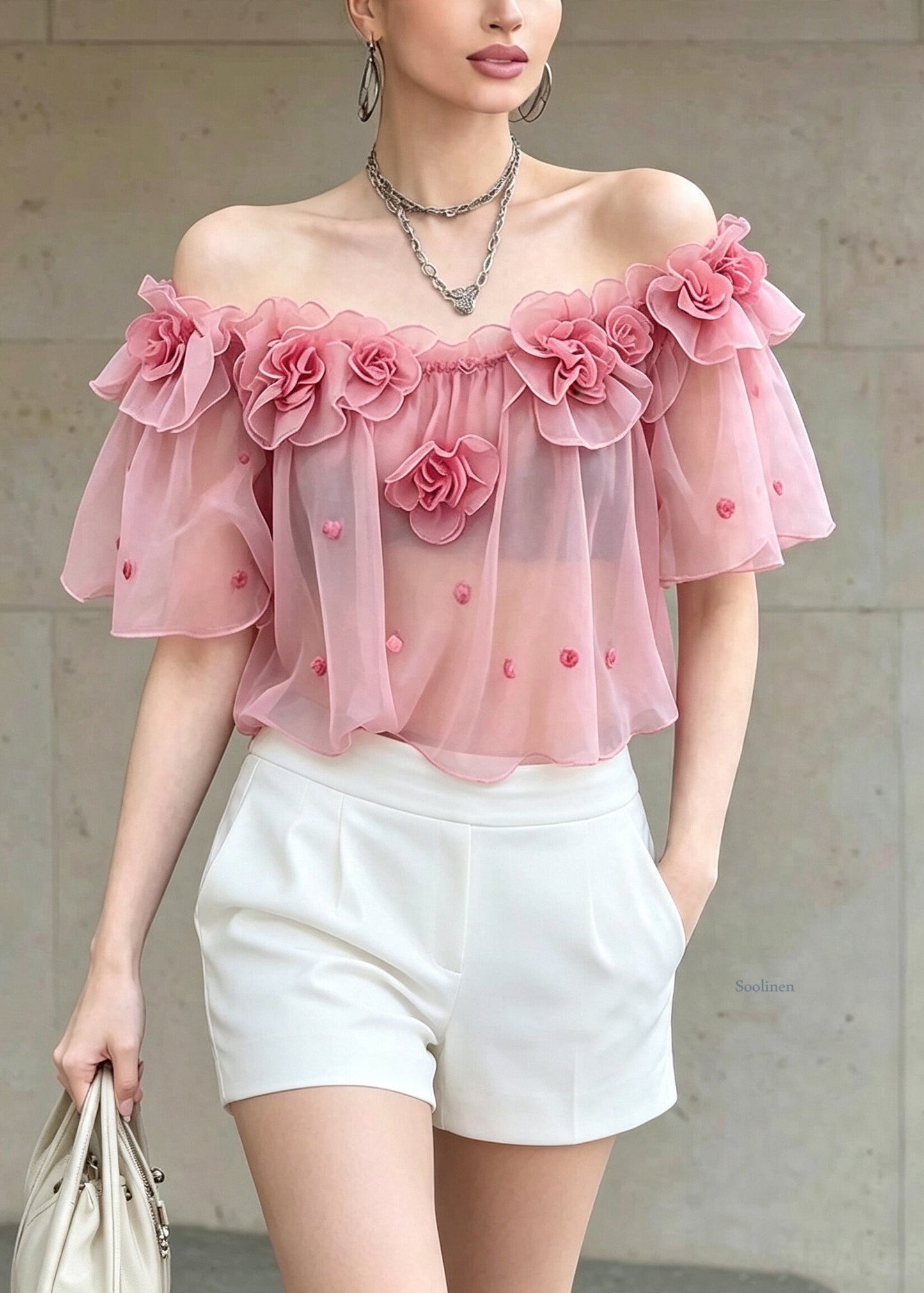 Cute Pink Ruffled Floral Chiffon T Shirts Short Sleeve