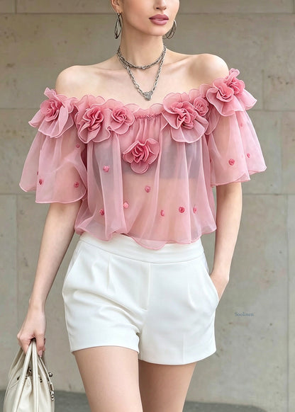 Cute Pink Ruffled Floral Chiffon T Shirts Short Sleeve