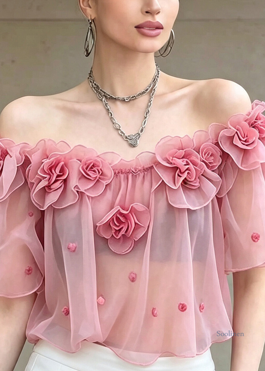 Cute Pink Ruffled Floral Chiffon T Shirts Short Sleeve