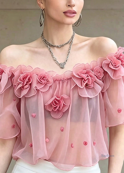 Cute Pink Ruffled Floral Chiffon T Shirts Short Sleeve