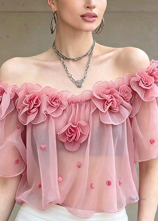 Cute Pink Ruffled Floral Chiffon T Shirts Short Sleeve