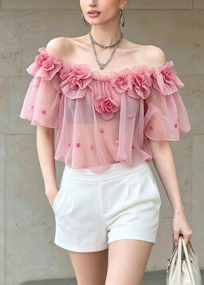 Cute Pink Ruffled Floral Chiffon T Shirts Short Sleeve
