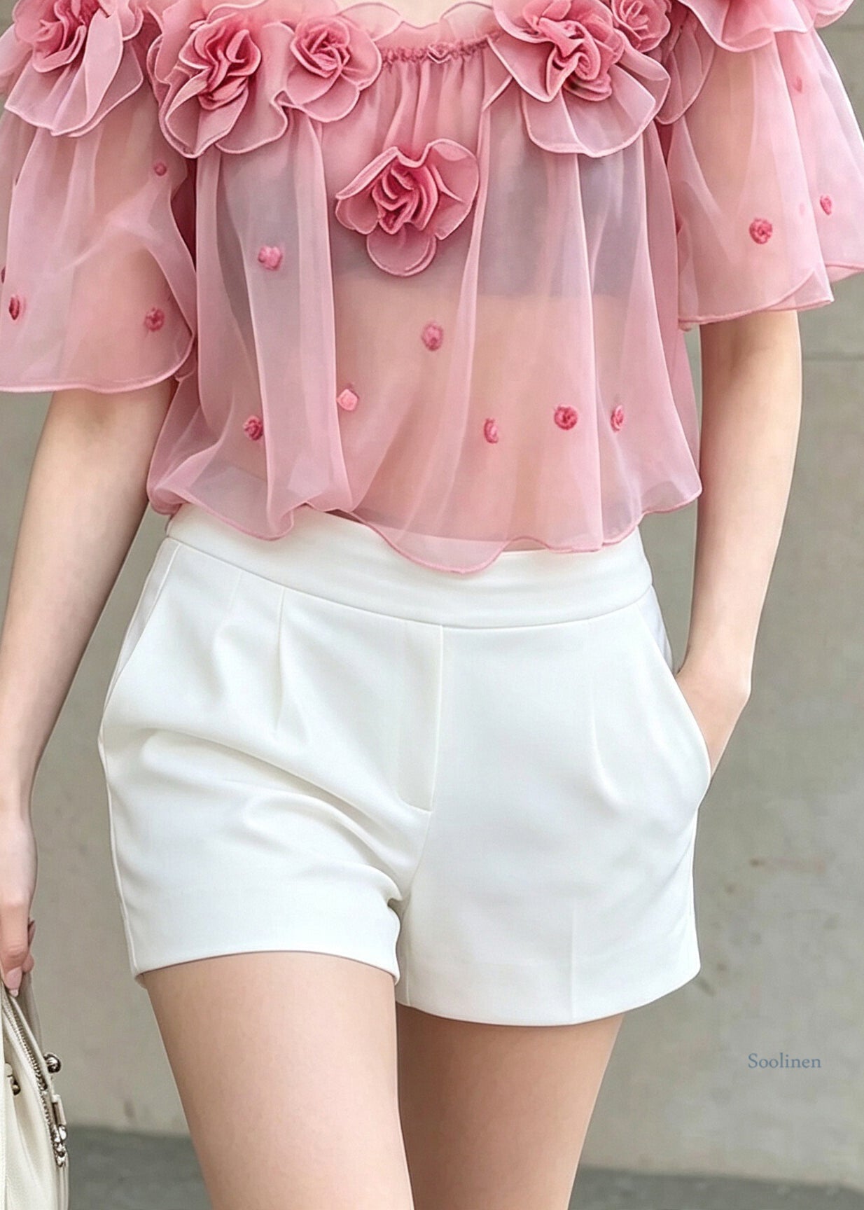 Cute Pink Ruffled Floral Chiffon T Shirts Short Sleeve