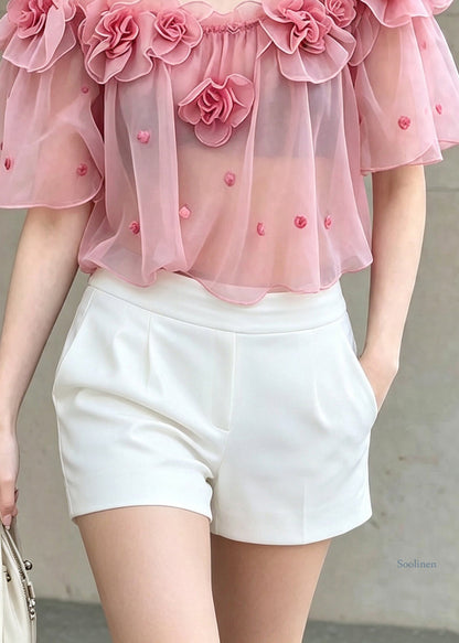 Cute Pink Ruffled Floral Chiffon T Shirts Short Sleeve