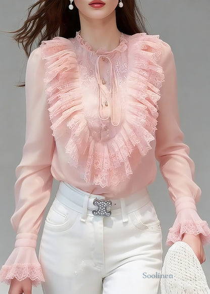 Cute Pink Ruffled Patchwork Button Solid Silk Shirts Flare Sleeve