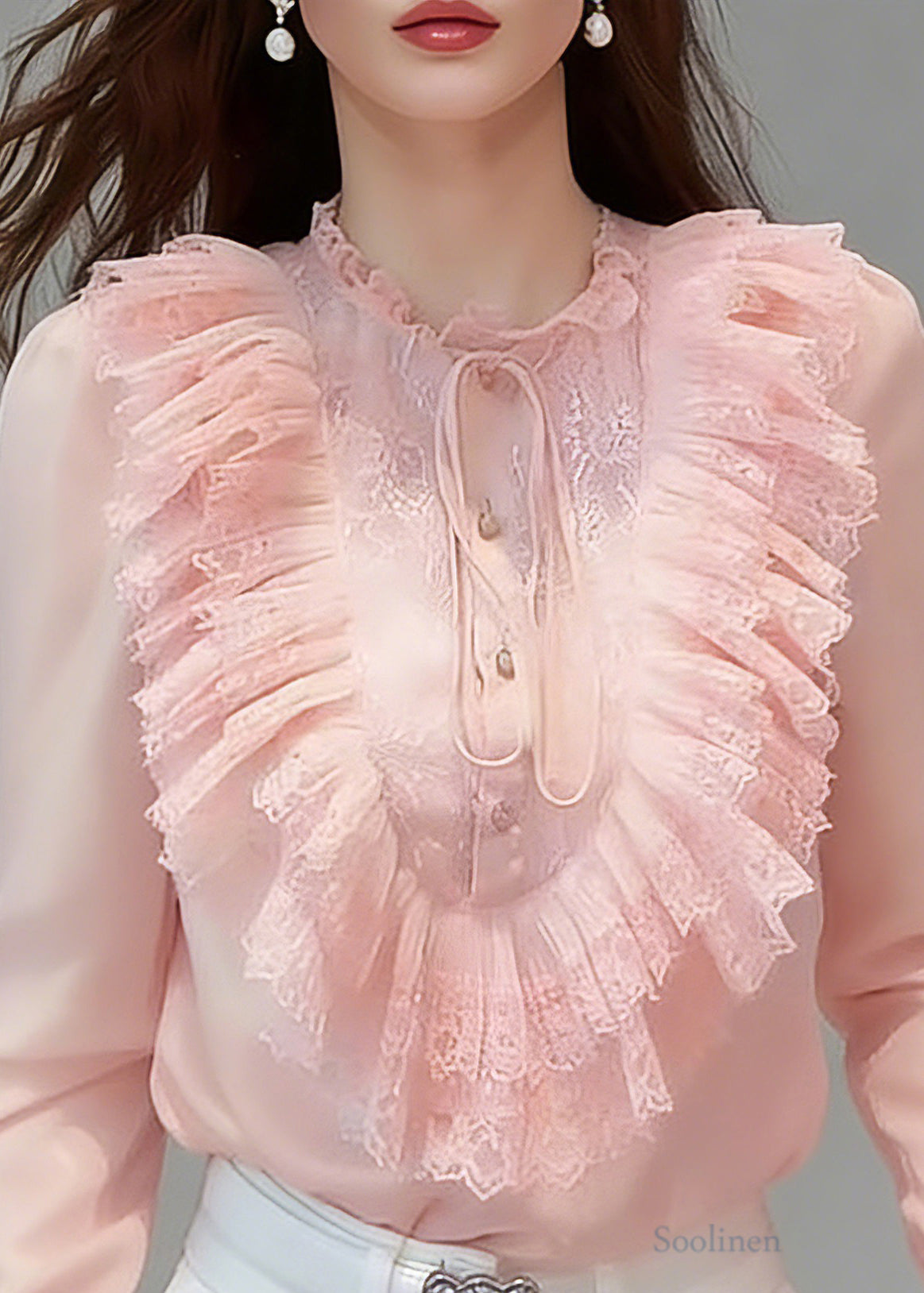 Cute Pink Ruffled Patchwork Button Solid Silk Shirts Flare Sleeve