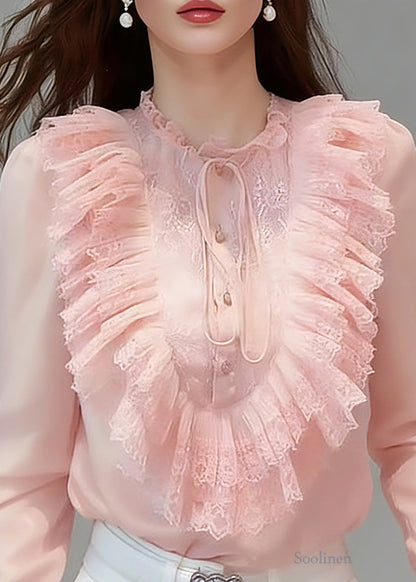 Cute Pink Ruffled Patchwork Button Solid Silk Shirts Flare Sleeve