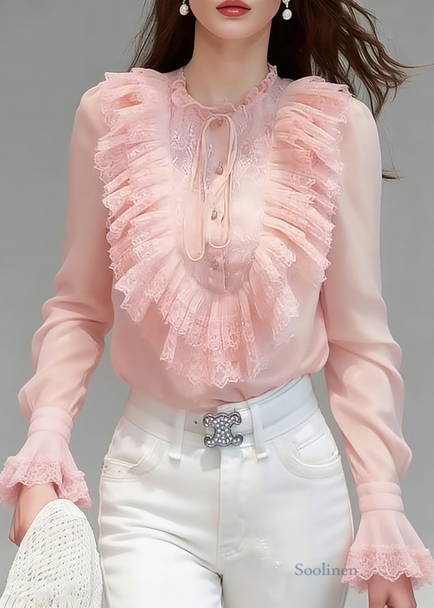 Cute Pink Ruffled Patchwork Button Solid Silk Shirts Flare Sleeve