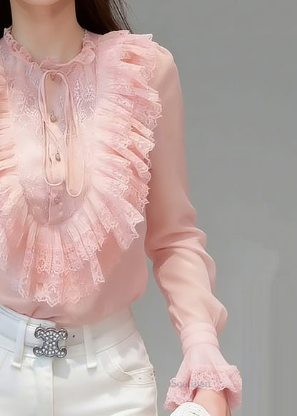 Cute Pink Ruffled Patchwork Button Solid Silk Shirts Flare Sleeve
