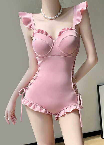 Niedlicher rosa Rüschen-Patchwork-Body mit Bindegürtel