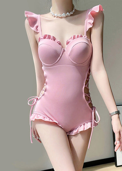 Niedlicher rosa Rüschen-Patchwork-Body mit Bindegürtel