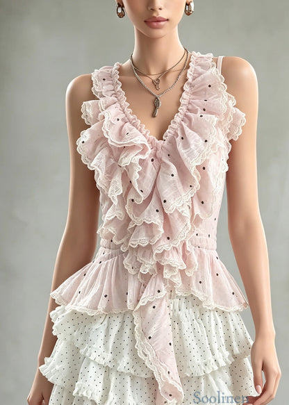 Cute Pink Ruffled Top And White Skirts Cotton Two Pieces Set Summer
